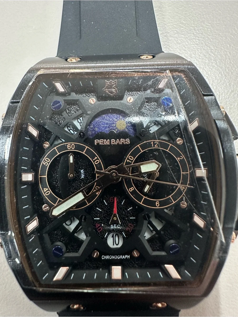 PEM Bars Postal Express Mint Chronograph Quartz Black Rubber Steel Watch Silicon